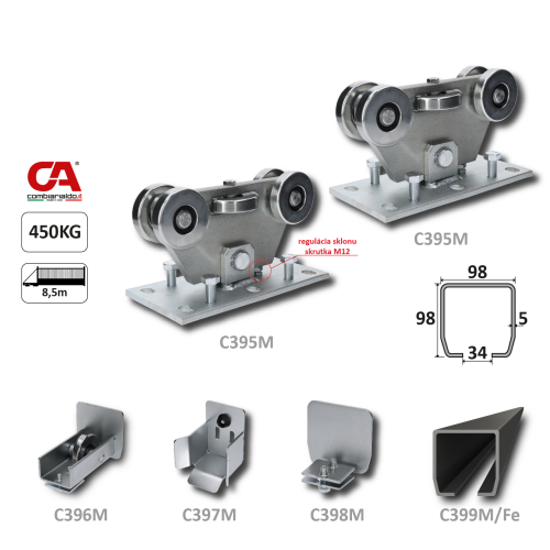 MEDIO-Klasik samonosný systém 98x98x5 mm pro posuvné brány do 450 kg / 8,5 m otvor (C399M/Fe 1x 6 m černý profil, C395M KLASIK 2ks, C396M 1ks, C397M 1ks), běžný provoz